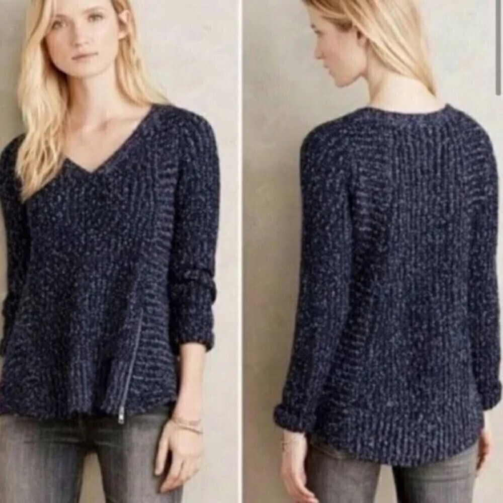 ANTHROPOLOGIE Moth Blue Wool Alpaca Knit Zipper V-Neck Sweater Size Medium